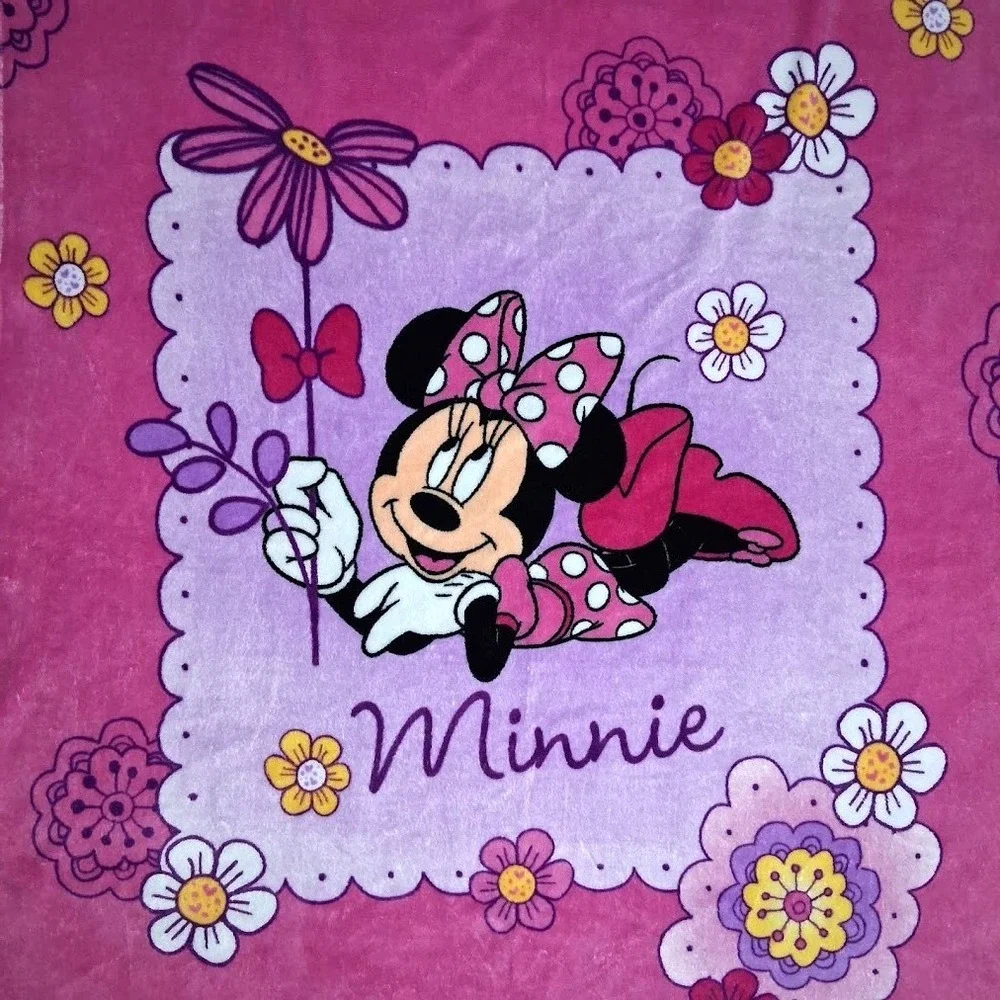 Disney Baby Pink Minnie Mouse Flower Blanket Purple Satin Top Trim Big 38x50